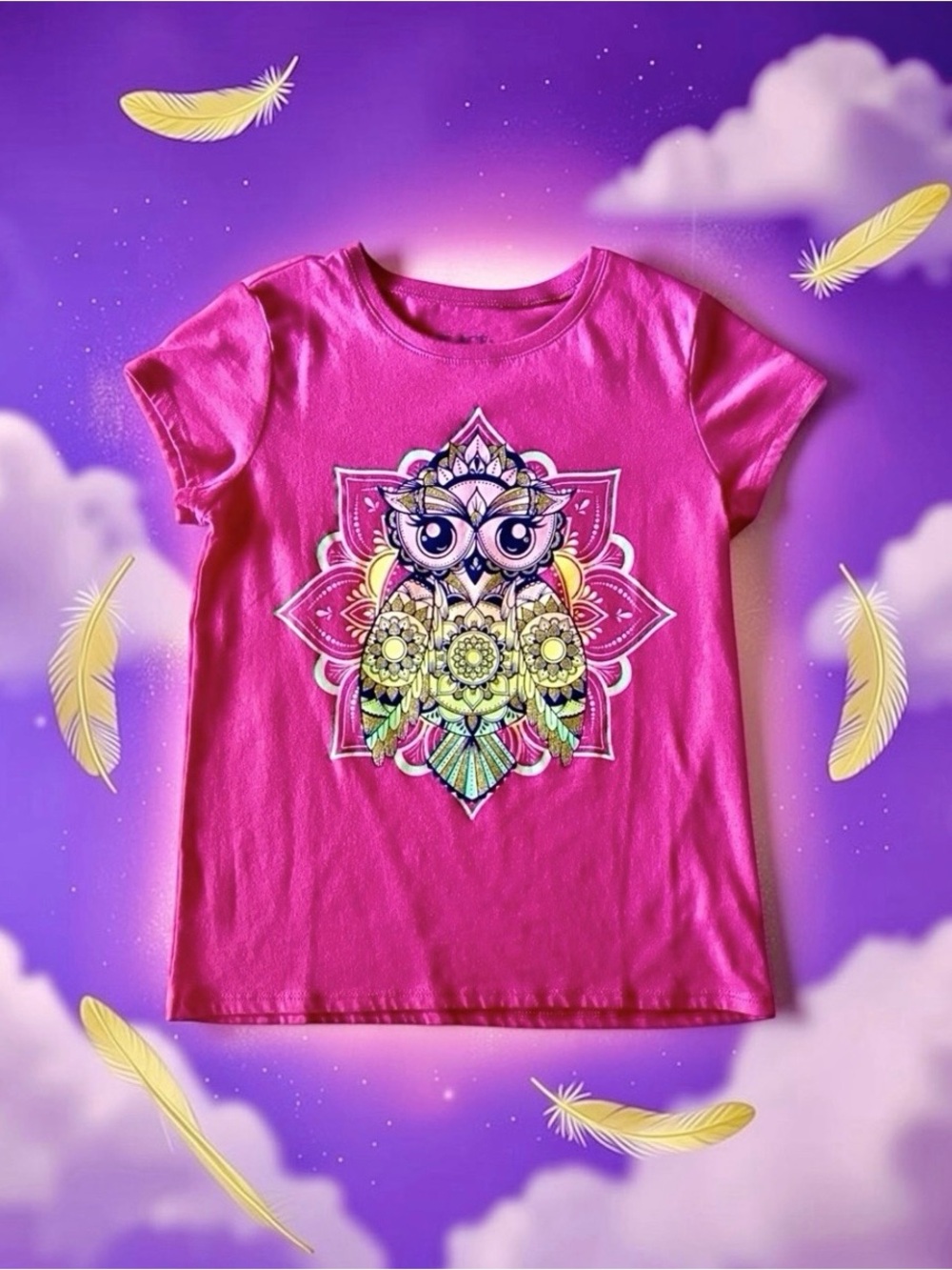 The Children’s Place Girls Owl Tee Medium 7/8 Gold Glitter Graphic